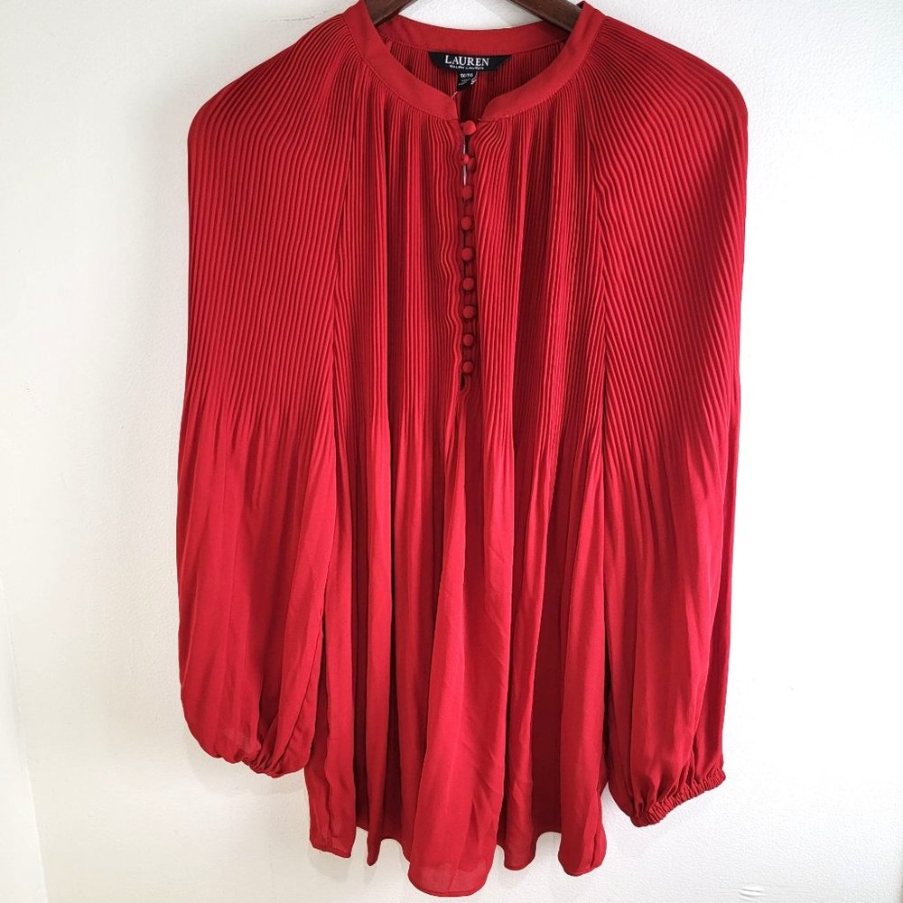 Lauren Ralph Lauren Womens Pleated Georgette Blouse Plus Size 3X Red